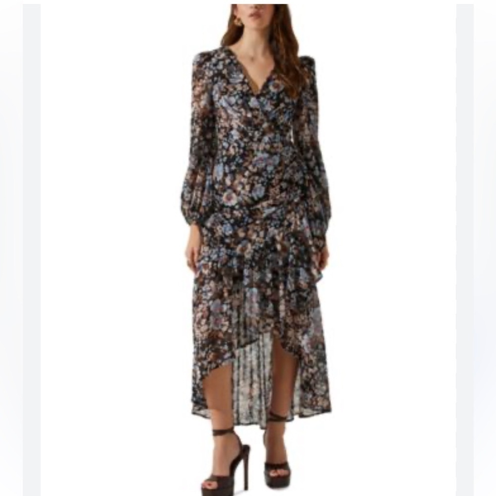 ASTR The Label Floral Sheer High- Low Pleated Floral Black Maxi Dress- Size S